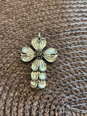 Floral Cross Pendant in Antique Silver Tone. Marked Marcel USA